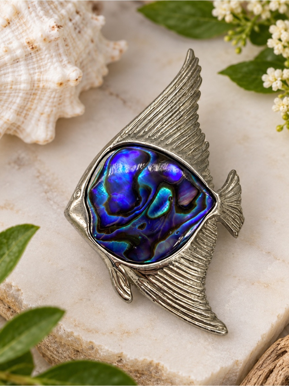 Vintage Silver Tone Abalone Shell Tropical Fish Brooch Pin Statement Jewelry